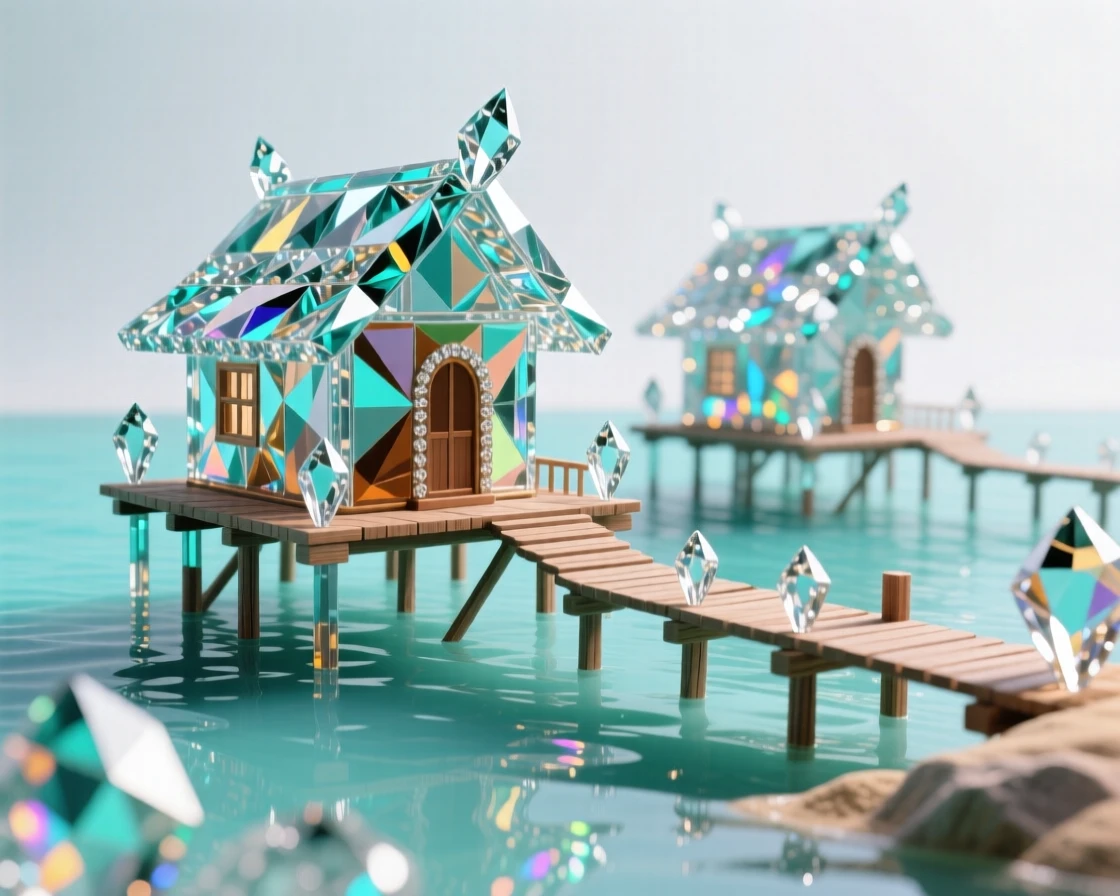 A traditional floating village on stilts over calm turquoise lagoon waters.