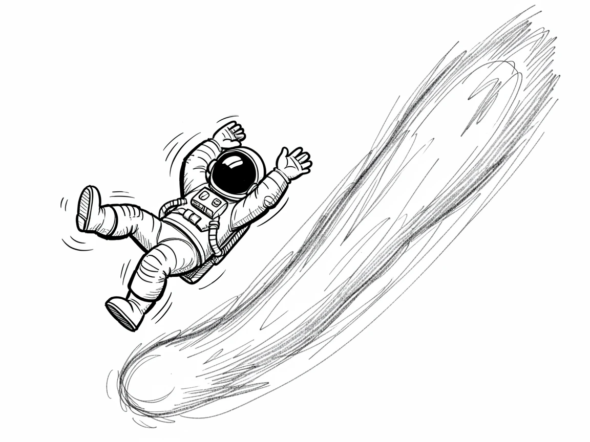 An astronaut floating and doing a somersault in zero gravity beside a comet's glowing tail.