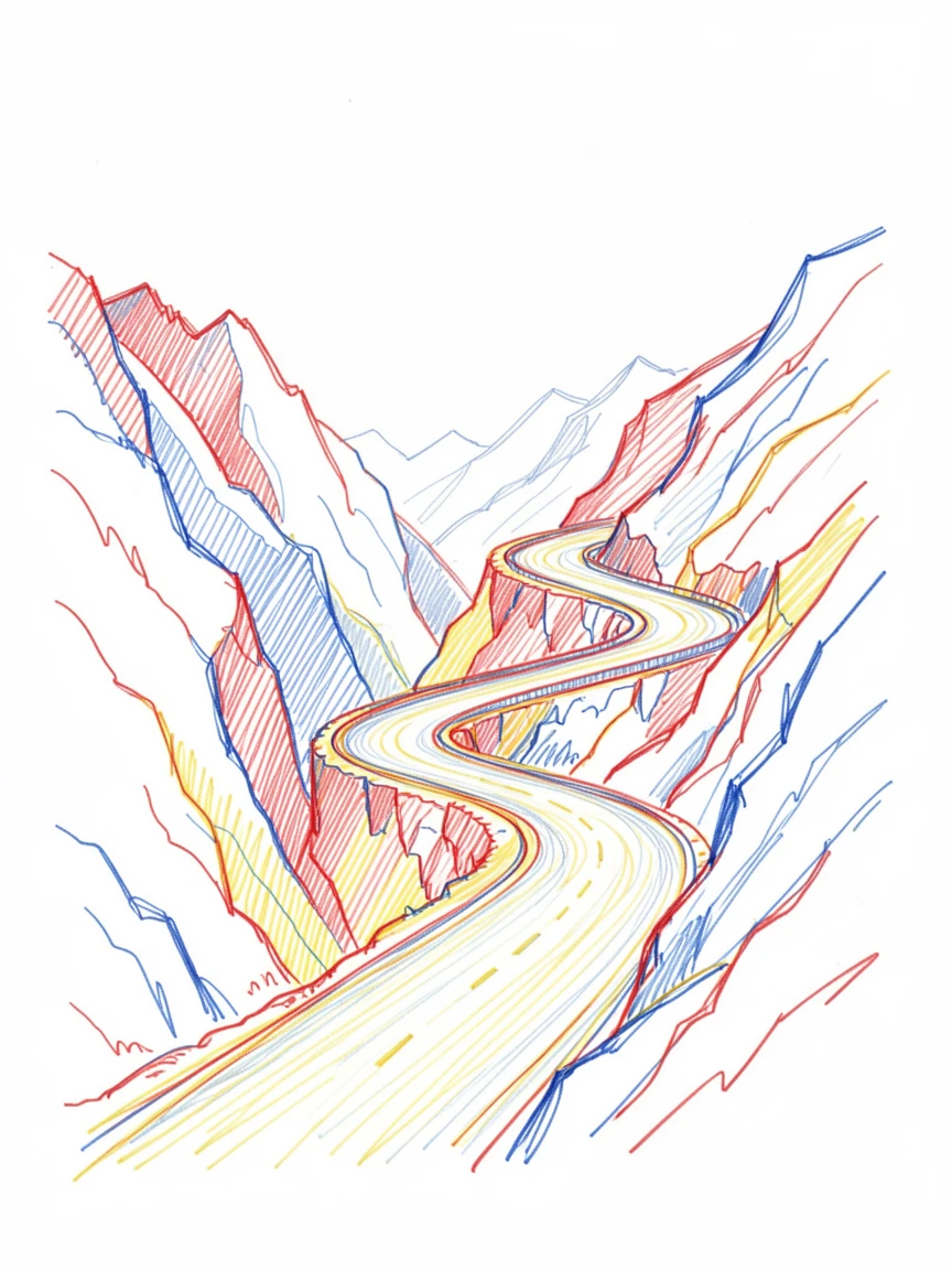 A quiet mountain pass road winding through dramatic switchbacks