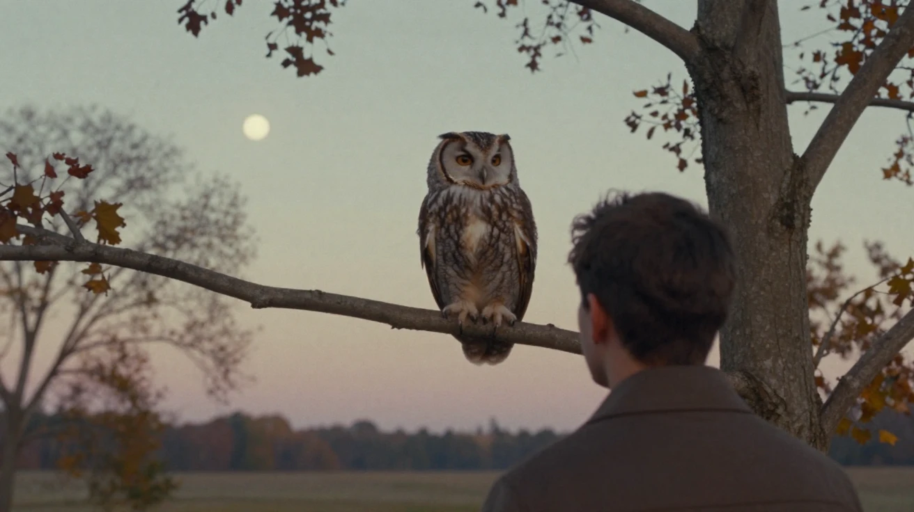 An owl perched silently on a moonlit branch, in the pale light just before sunrise, in crisp, dry air, in the mild days of early autumn, in warm honey and cream tones, over the shoulder of the main subject.