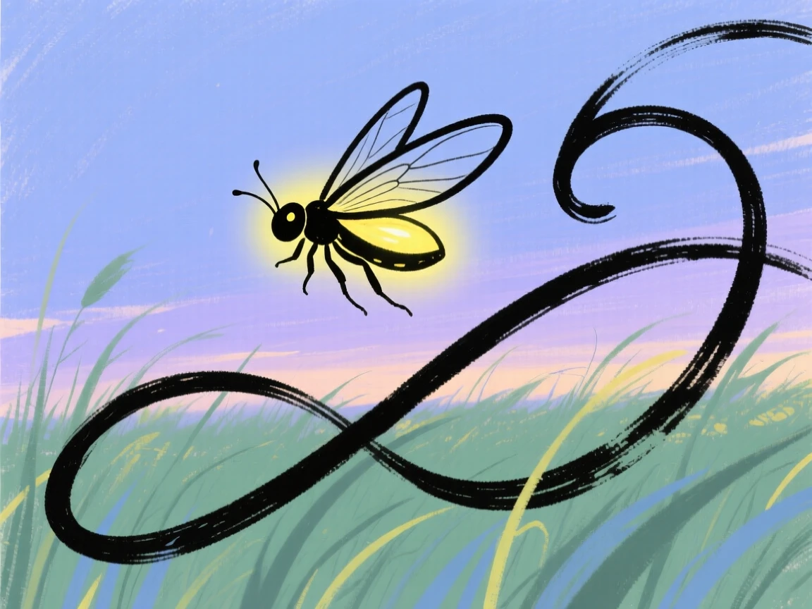 A firefly glowing softly above a meadow at dusk.