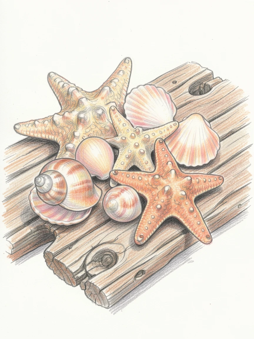 A collection of seashells and starfish arranged on driftwood, with a nostalgic, well-loved quality, evoking nostalgia, charm, and quiet elegance.