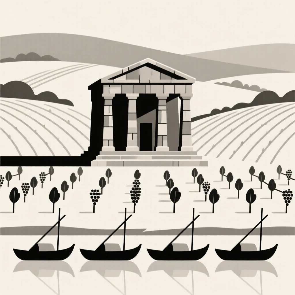 A view of an ancient stone temple at a countryside dotted with vineyards, framed by a row of fishing boats, capturing quiet discovery.
