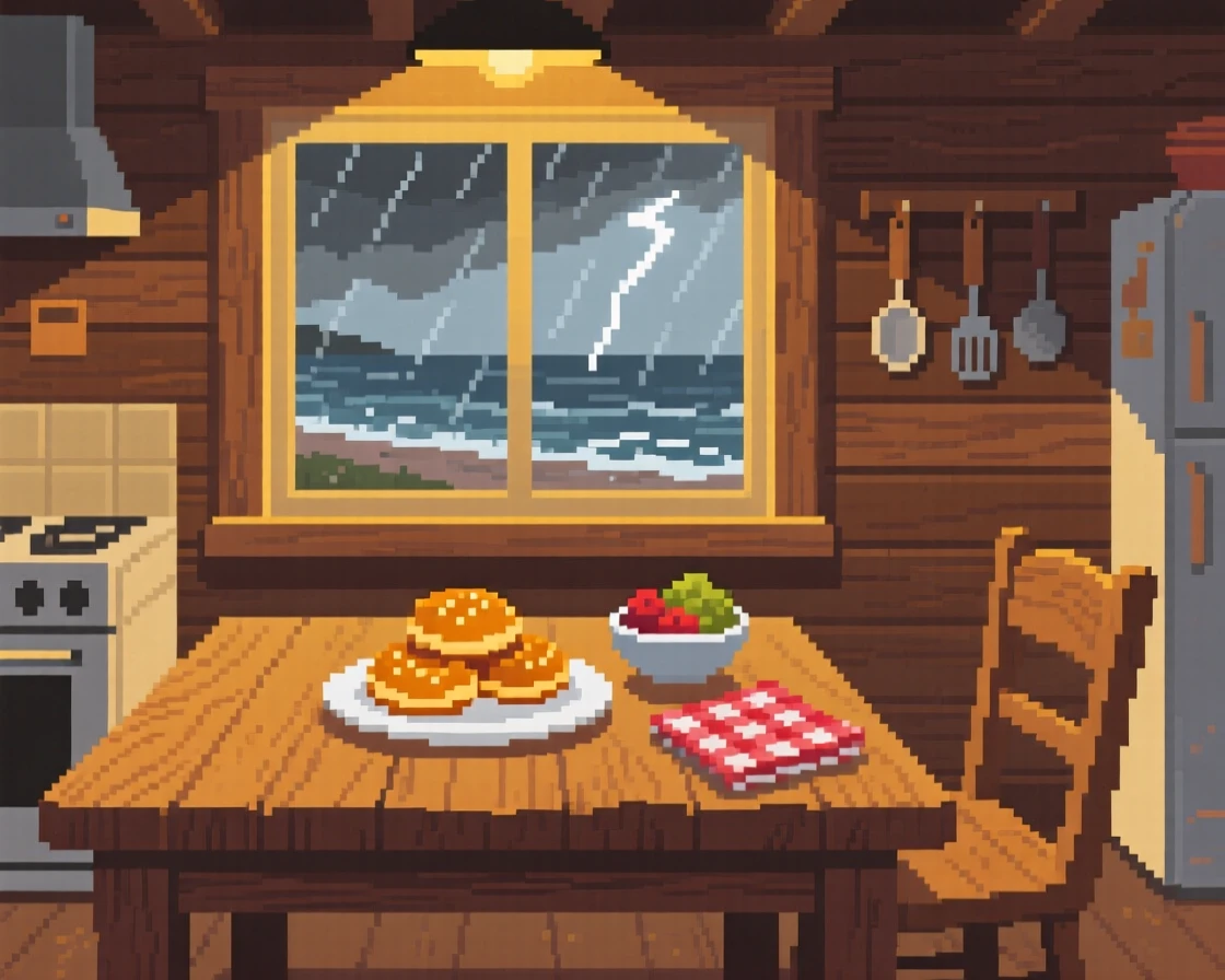 A warm kitchen table set with a plate of fresh pastries, inside a seaside cottage during a storm.