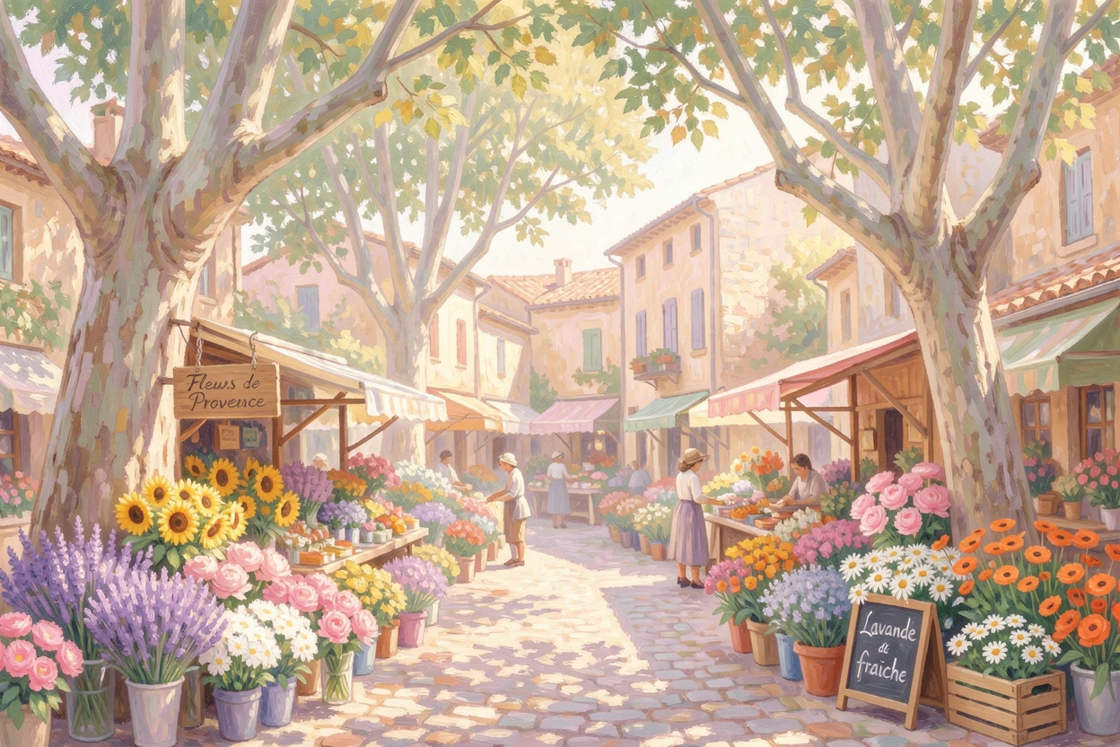 The colorful stalls of a Provençal flower market beneath plane trees on a sunny village square, evoking a sense of peace and quiet wonder.