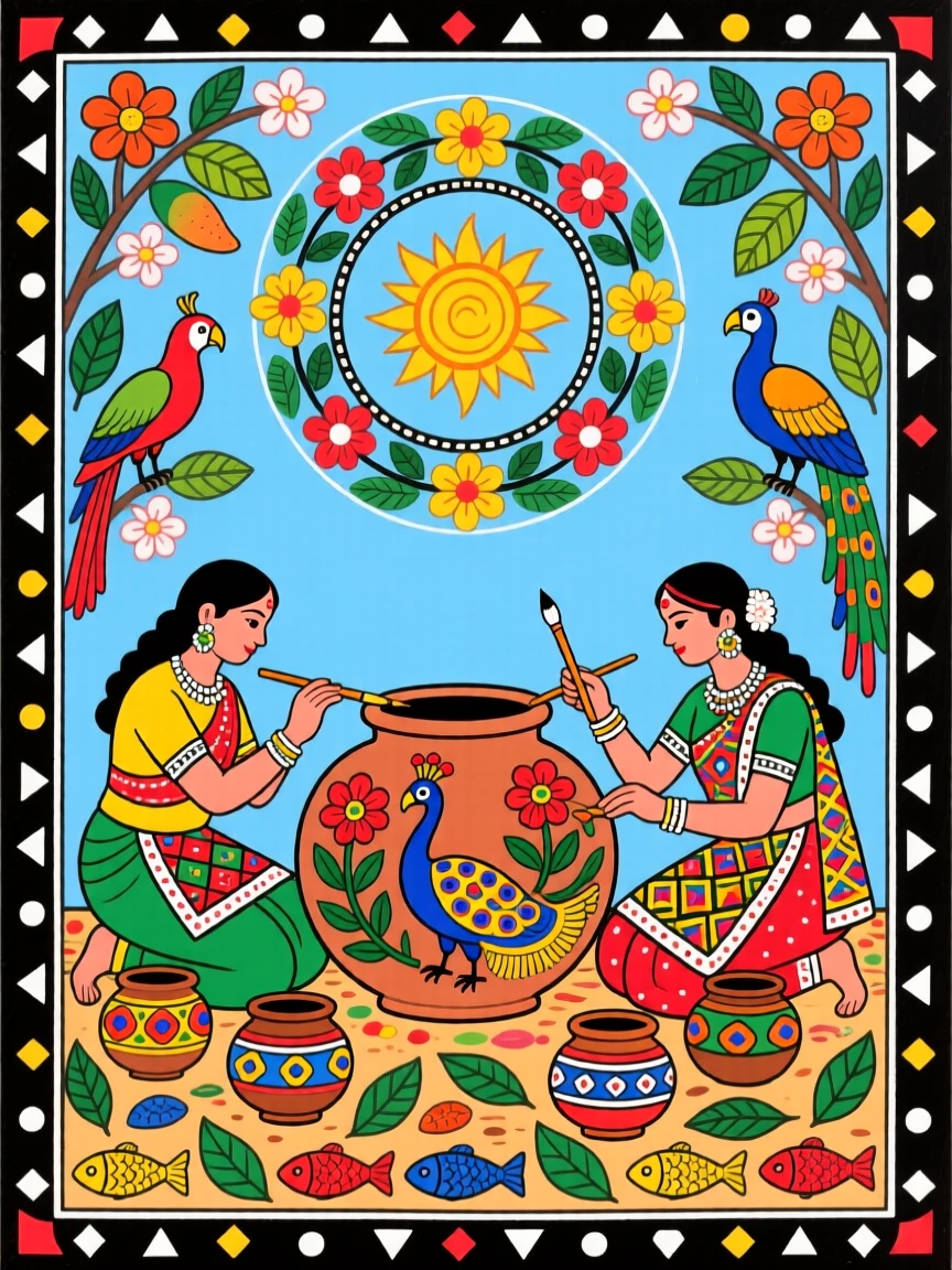 Artisans painting traditional designs on pottery beneath an open sky.
