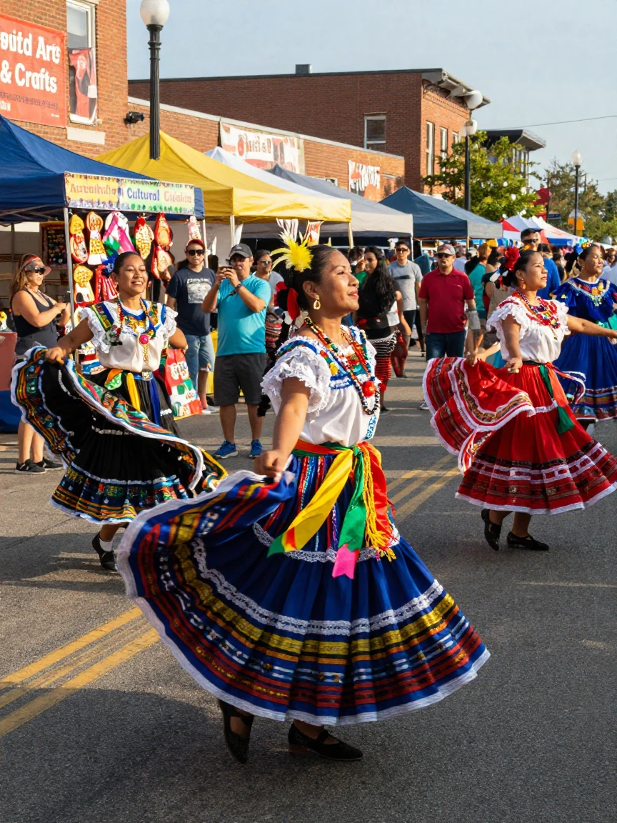 Dancers in vibrant traditional costumes twirl through a crowded street during a cultural festival.