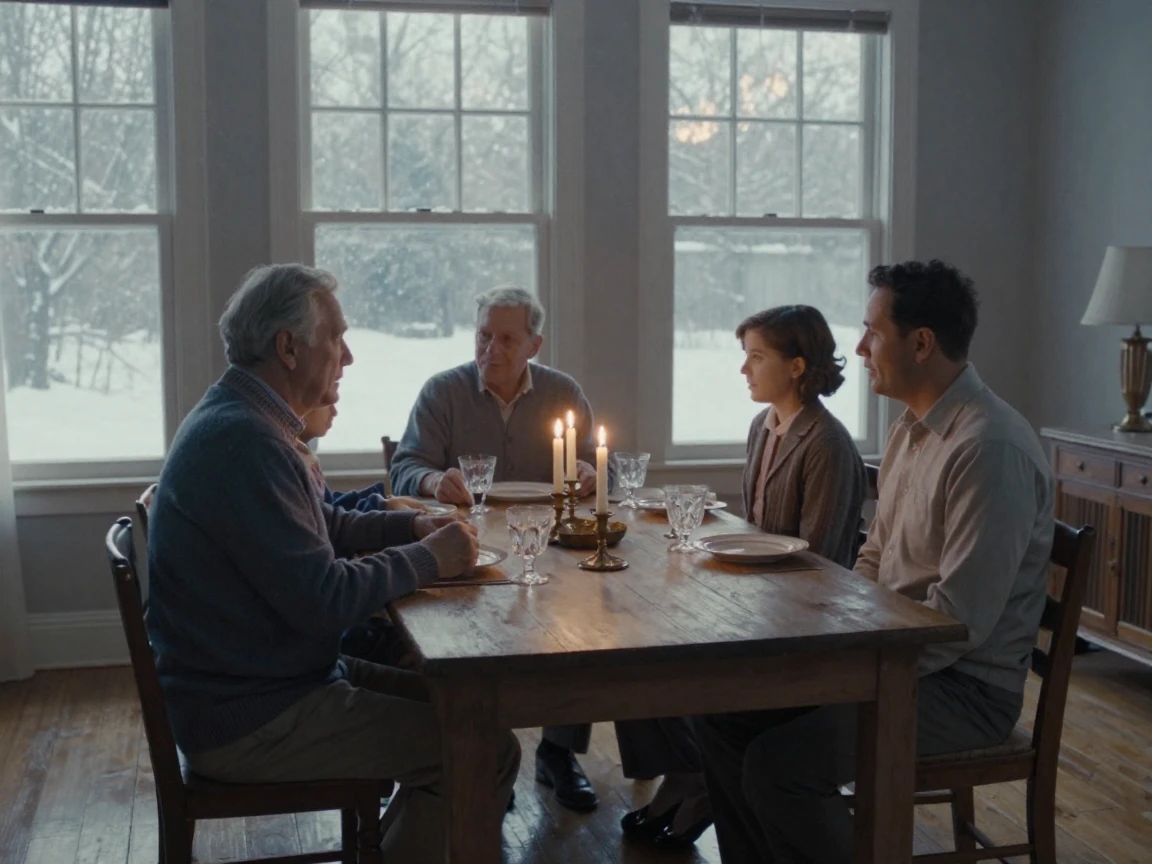 A three-generation family gathered around a long wooden dinner table, in the pale light just before sunrise, on a clear, cloudless day, under the first snow of winter, in cool blues and silvery greys, viewed from across the room.