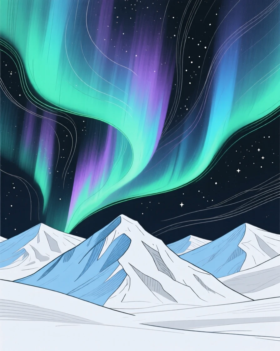 A view of the aurora borealis dancing above snowy peaks.