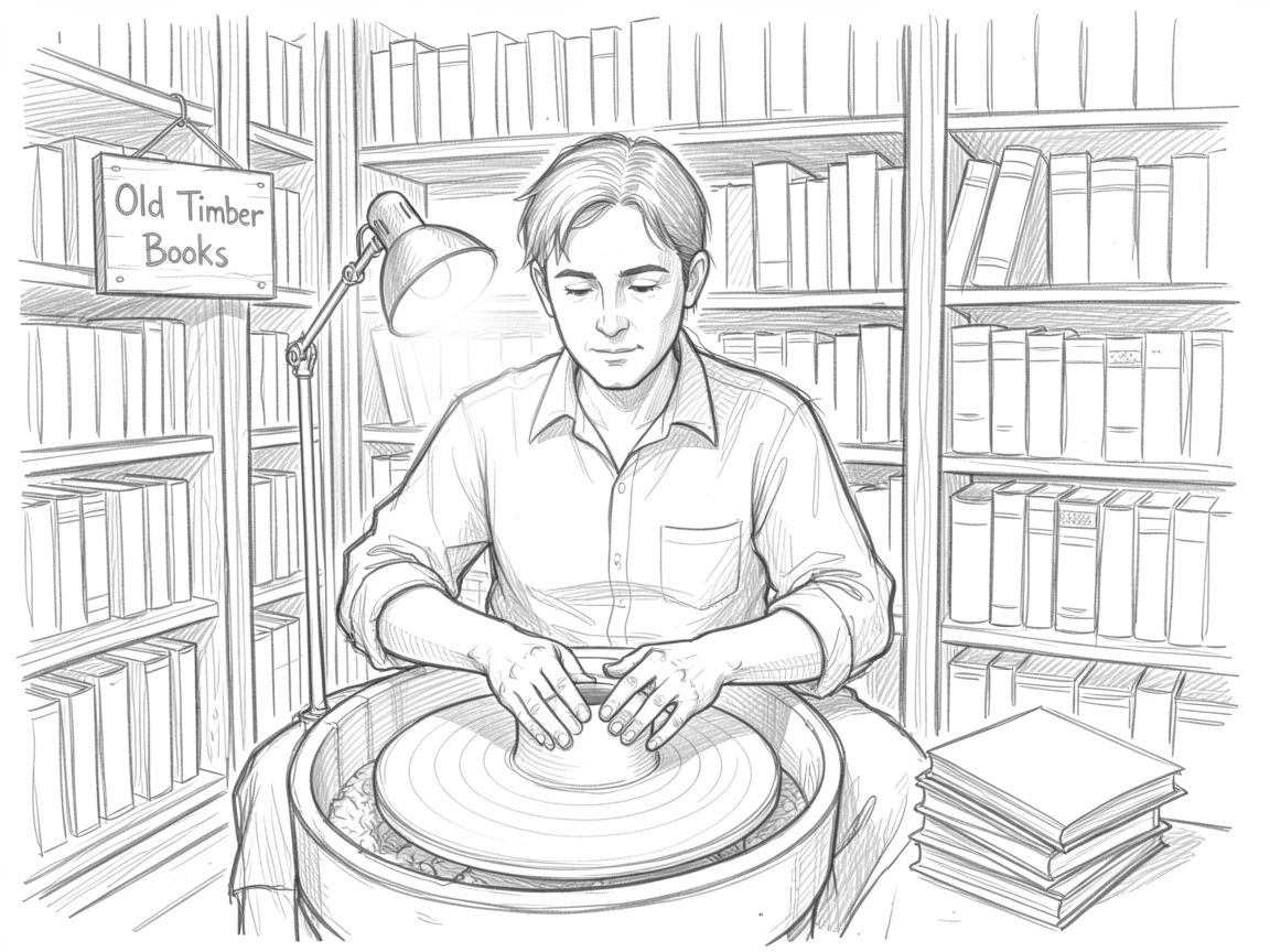 An artisan shaping clay on a pottery wheel, in an old-fashioned bookstore, with quiet everyday contentment.