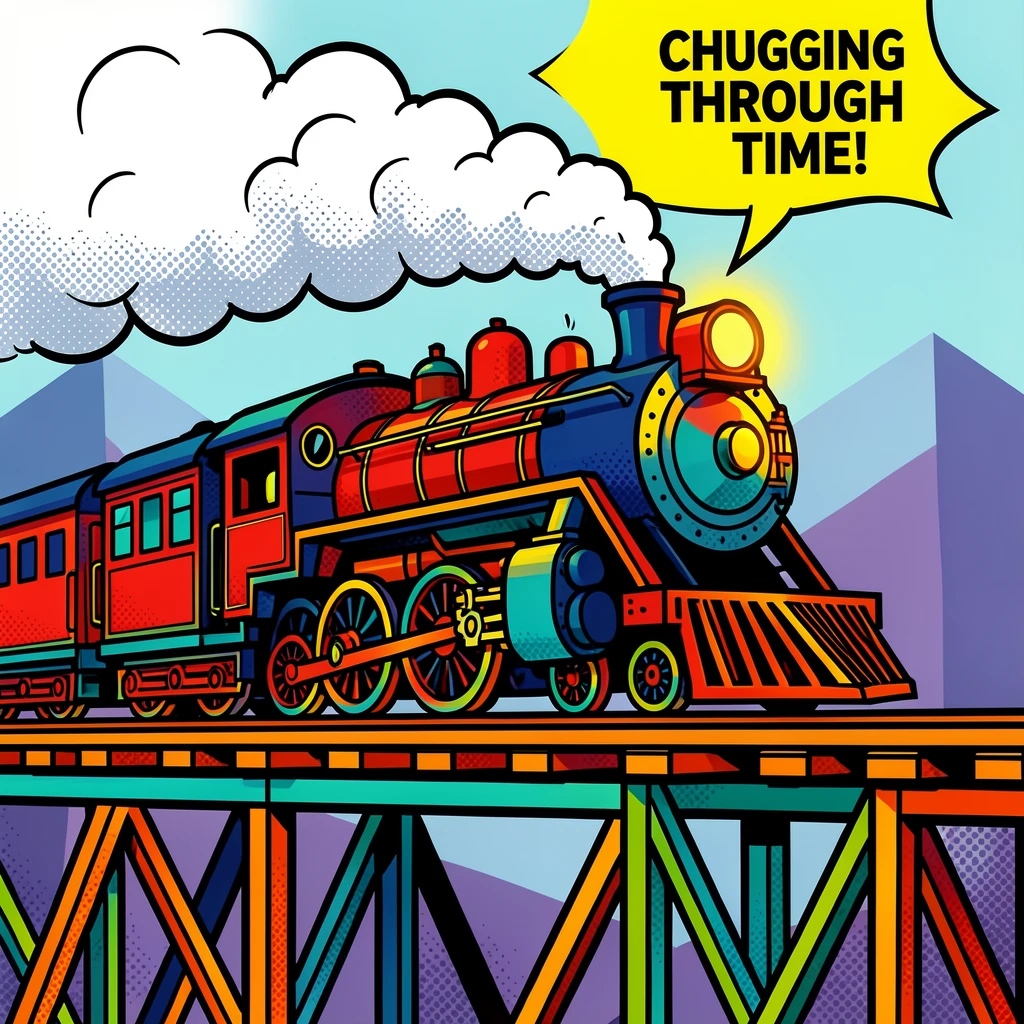 A vintage steam train crossing a mountain bridge