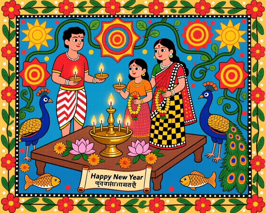 A family celebrating the new year with lamps and fresh flowers.