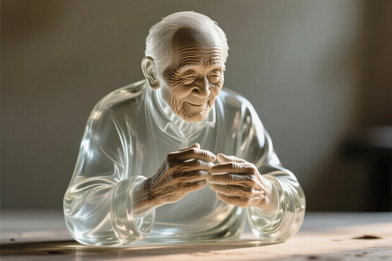 An elderly craftsman with weathered, kind hands set against a simple blurred background, dramatic side lighting carving out the features, mood tender and heartfelt.