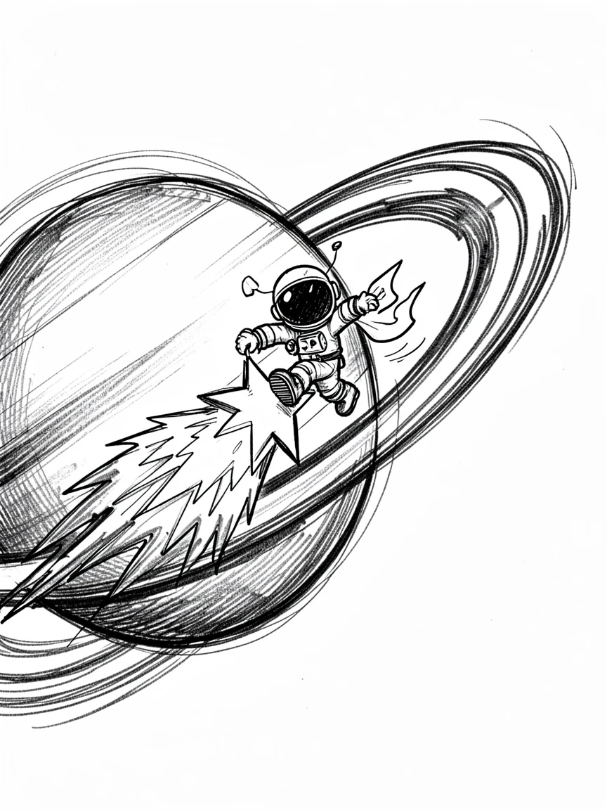 A tiny astronaut riding a shooting star near the rings of a giant planet.