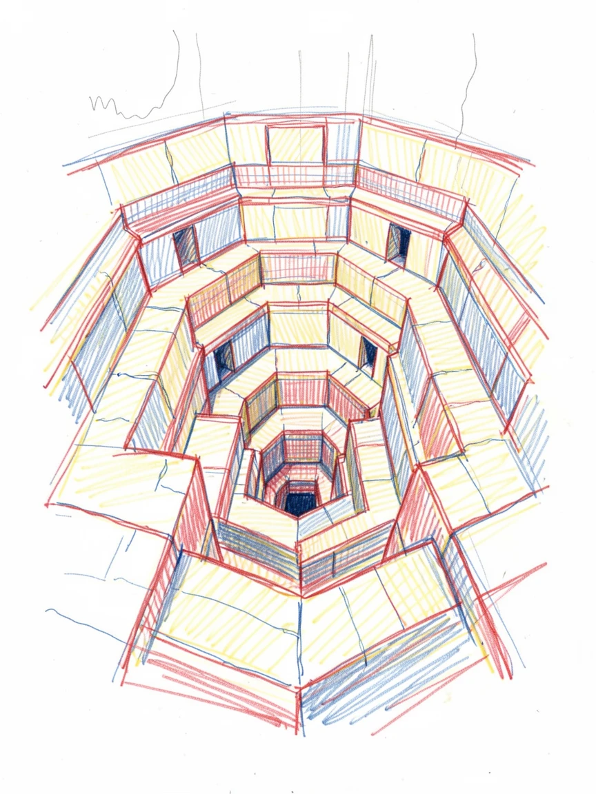 An ancient stepwell descending in geometric patterns underground
