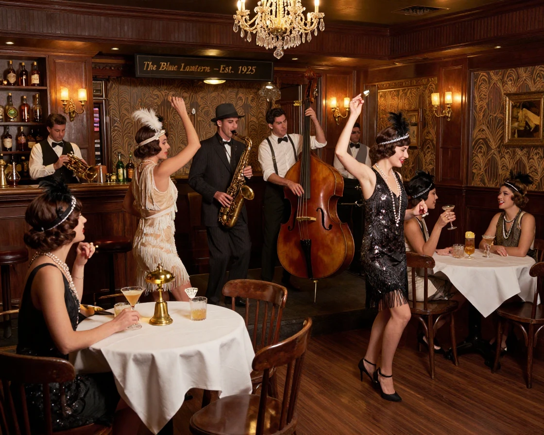 A 1920s speakeasy with jazz musicians and flapper dresses