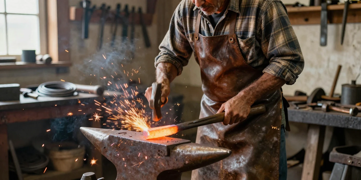 A blacksmith hammers a glowing piece of iron on an anvil, sparks flying.