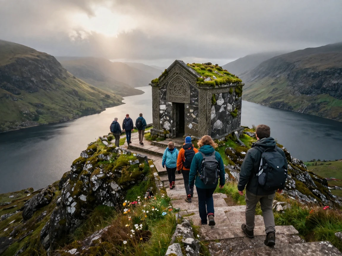 Travelers exploring a mountaintop shrine reached by stone steps at the edge of a Scottish highland loch