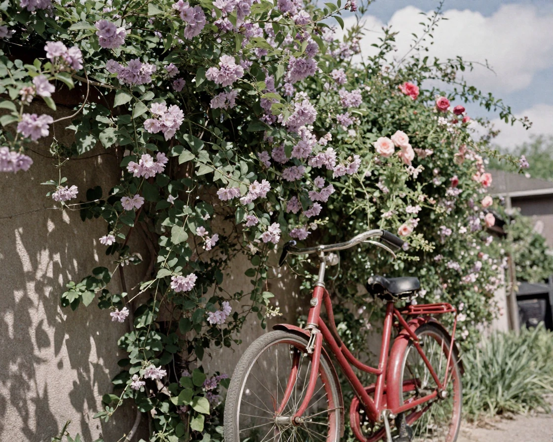 A vintage red bicycle leaning against a flower-covered wall, in dappled light filtering through leaves, under scattered clouds, as spring blossoms unfurl, in dusty lavender and rose tones, in a tight close-up.