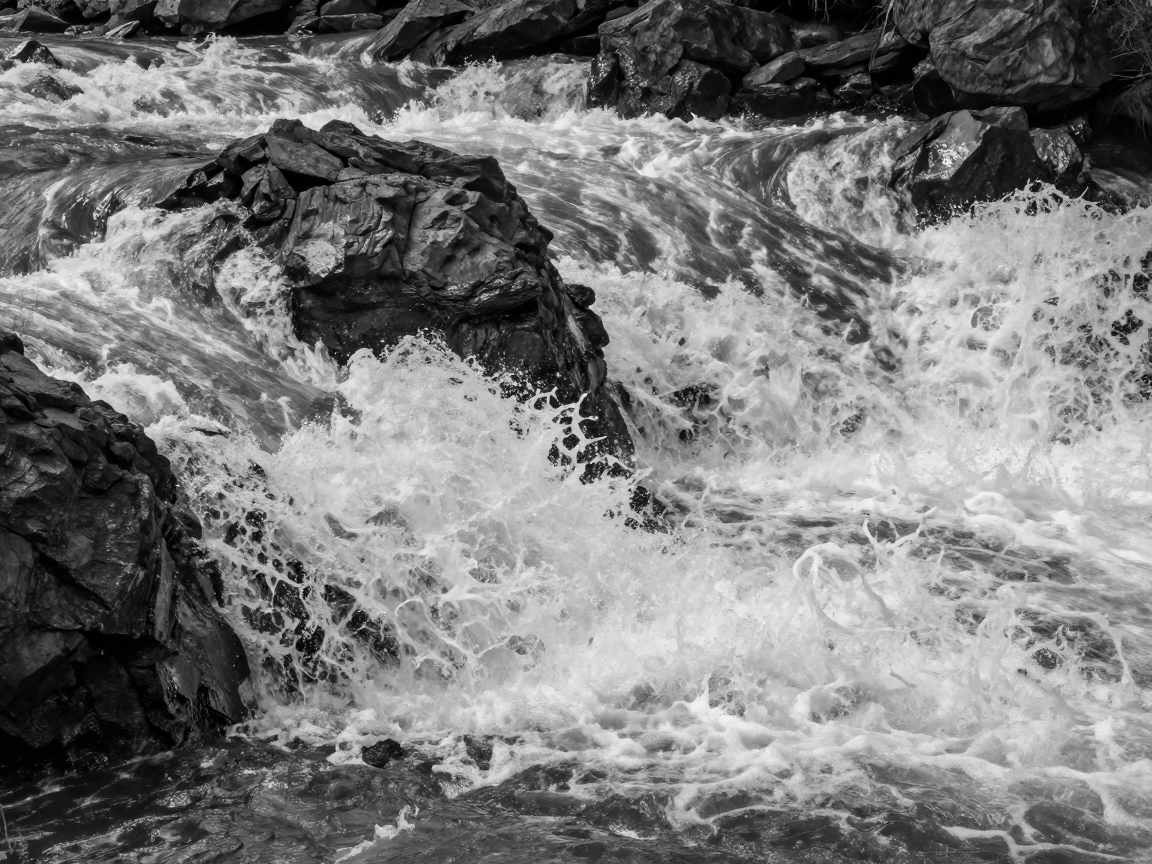 A rushing river rapid churns violently over jagged rocks along a whitewater rapid stretch.