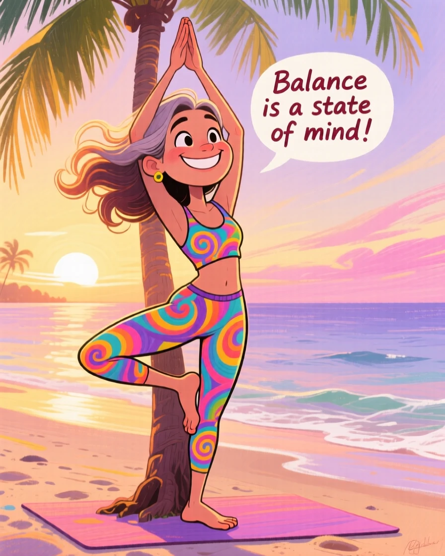 A yoga instructor holding a perfect tree pose on a serene beach at sunrise.
