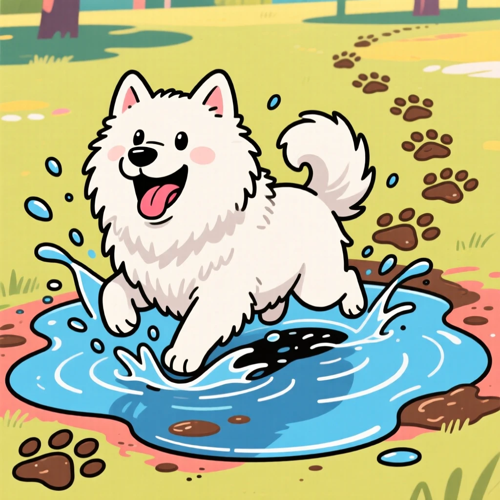 A playful pet moment featuring a fluffy Samoyed splashing gleefully through a puddle, with muddy paw prints trailing behind.