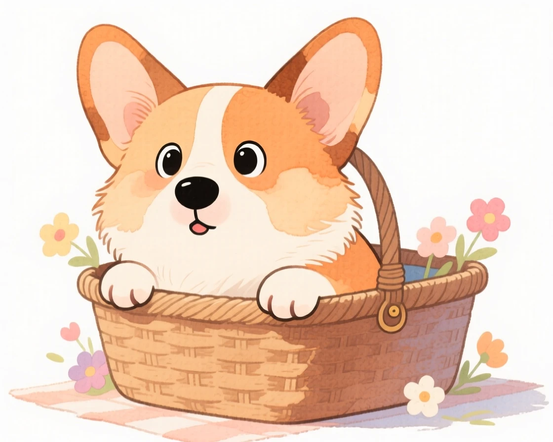A fluffy corgi poking its nose out of a picnic basket