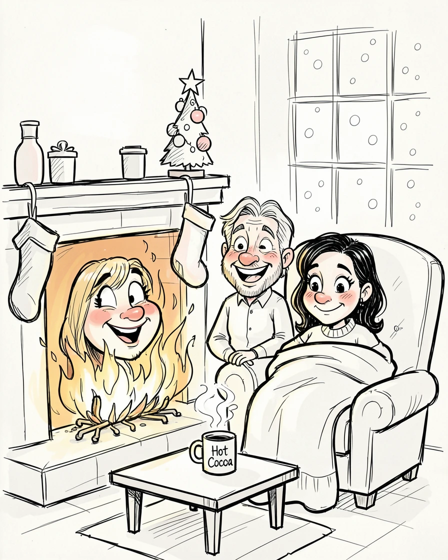 [Seasonal Holidays & Celebrations] Festive scene of a family gathered for a cozy Christmas Eve by a crackling fireplace, full of celebration and joy