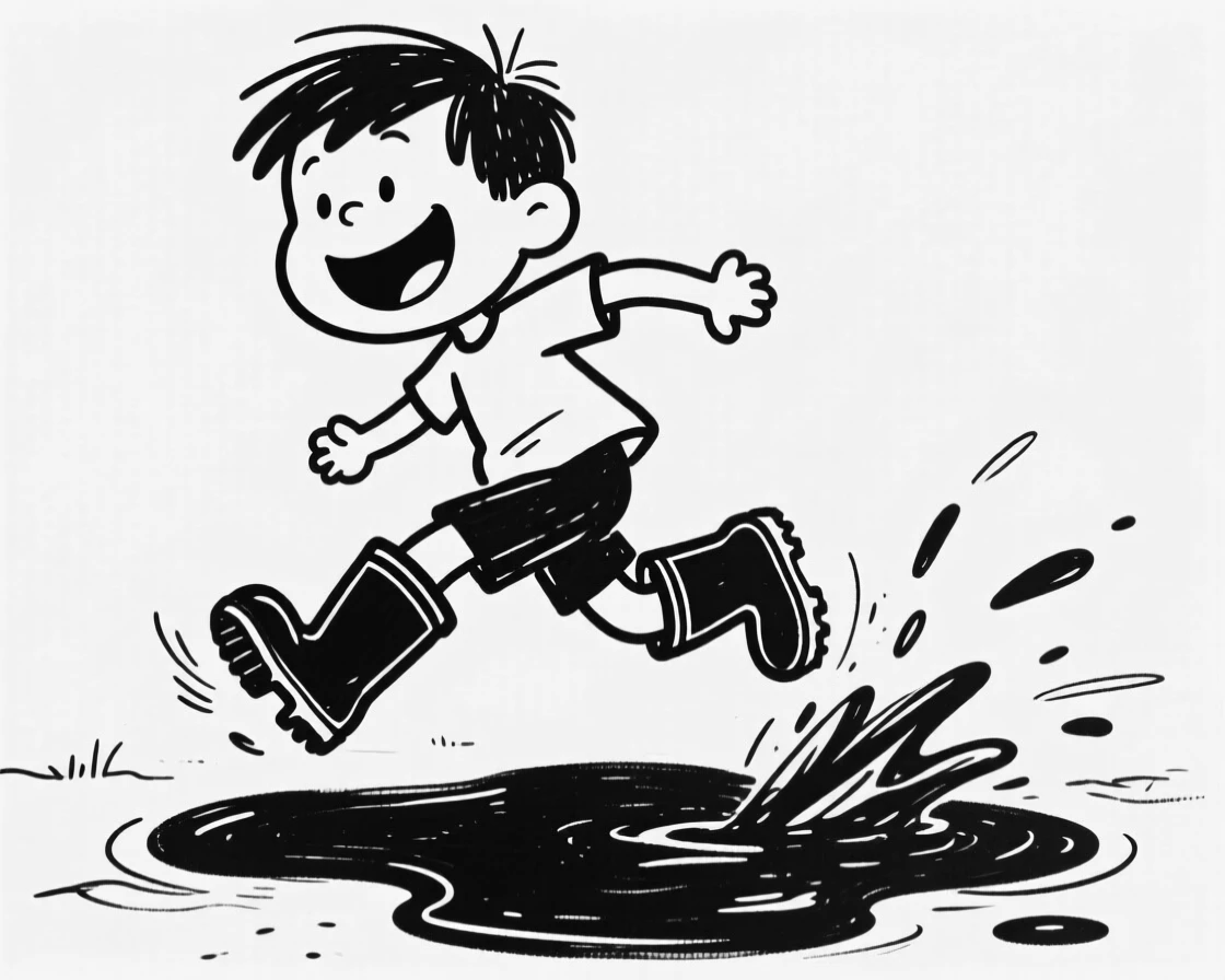 A little boy in oversized rain boots jumping into the biggest puddle he can find.