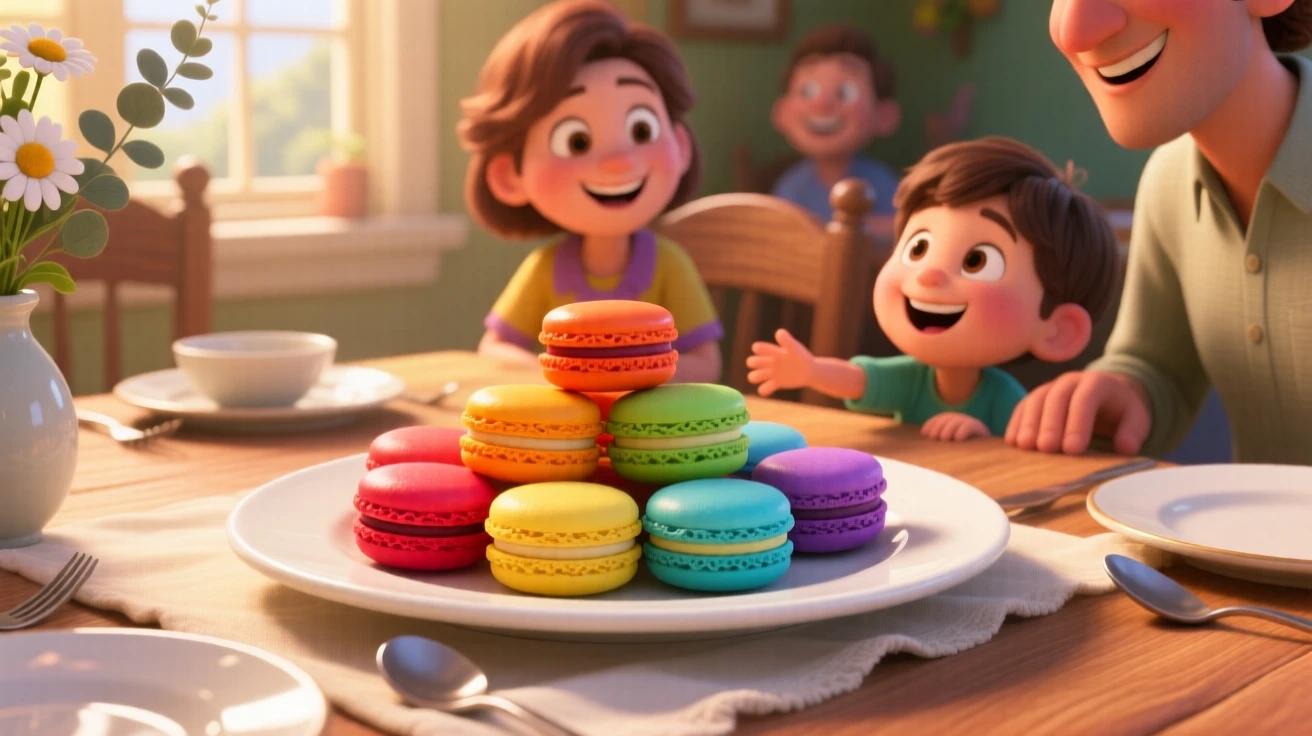 A rainbow of macarons arranged on a plate sits at a family dinner table set for a celebration, with sunlight catching the glossy glaze. The scene feels inviting, warm, and delicious.