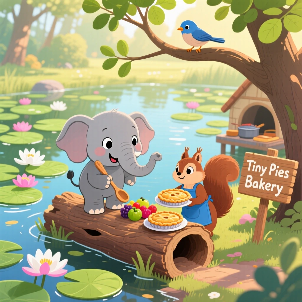 Near a lily-covered pond, a wobbly baby elephant is baking tiny pies in a hollow log alongside a small woodland friend, while a curious bird watches from a branch.