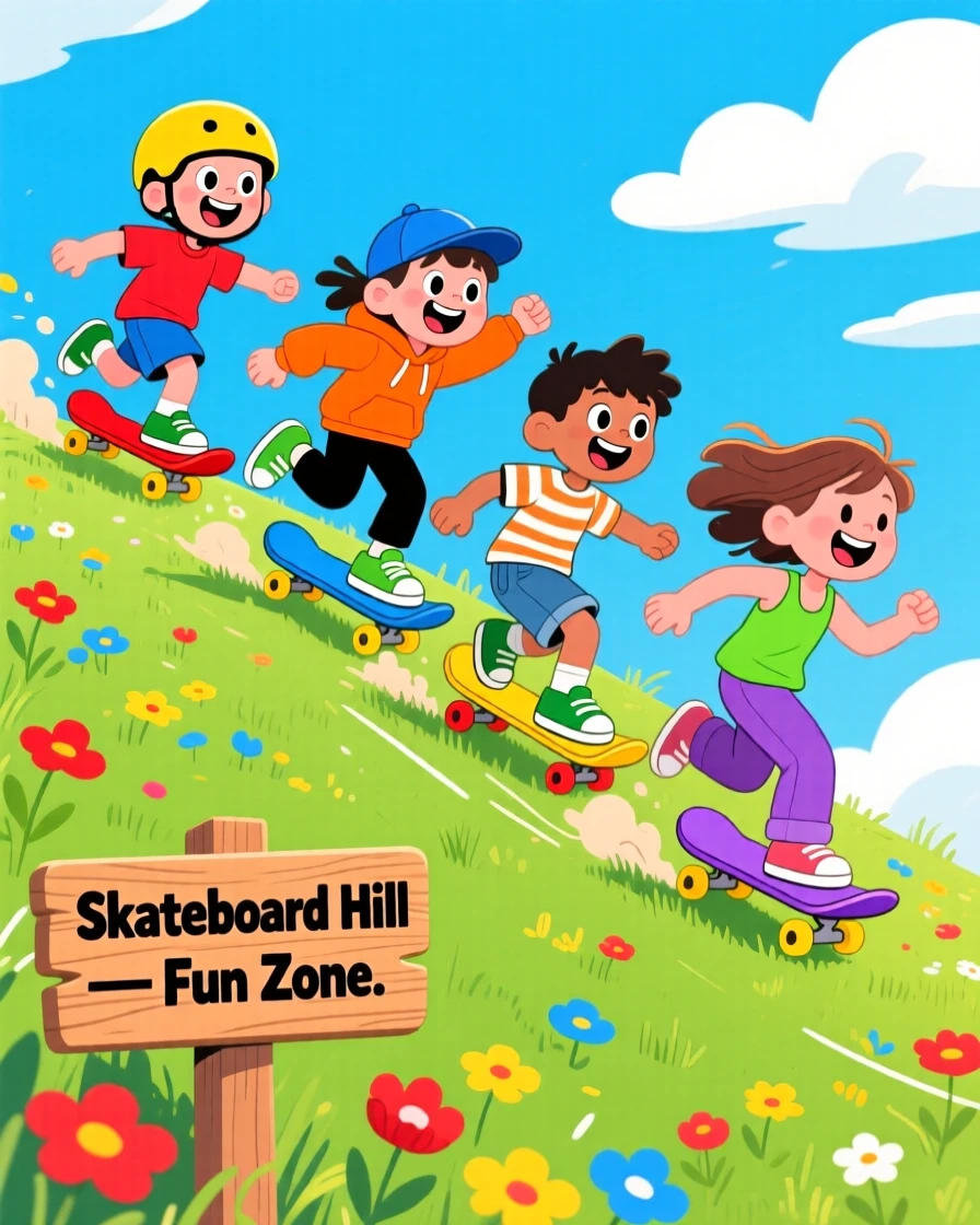 A group of children flying down a hill on skateboards.