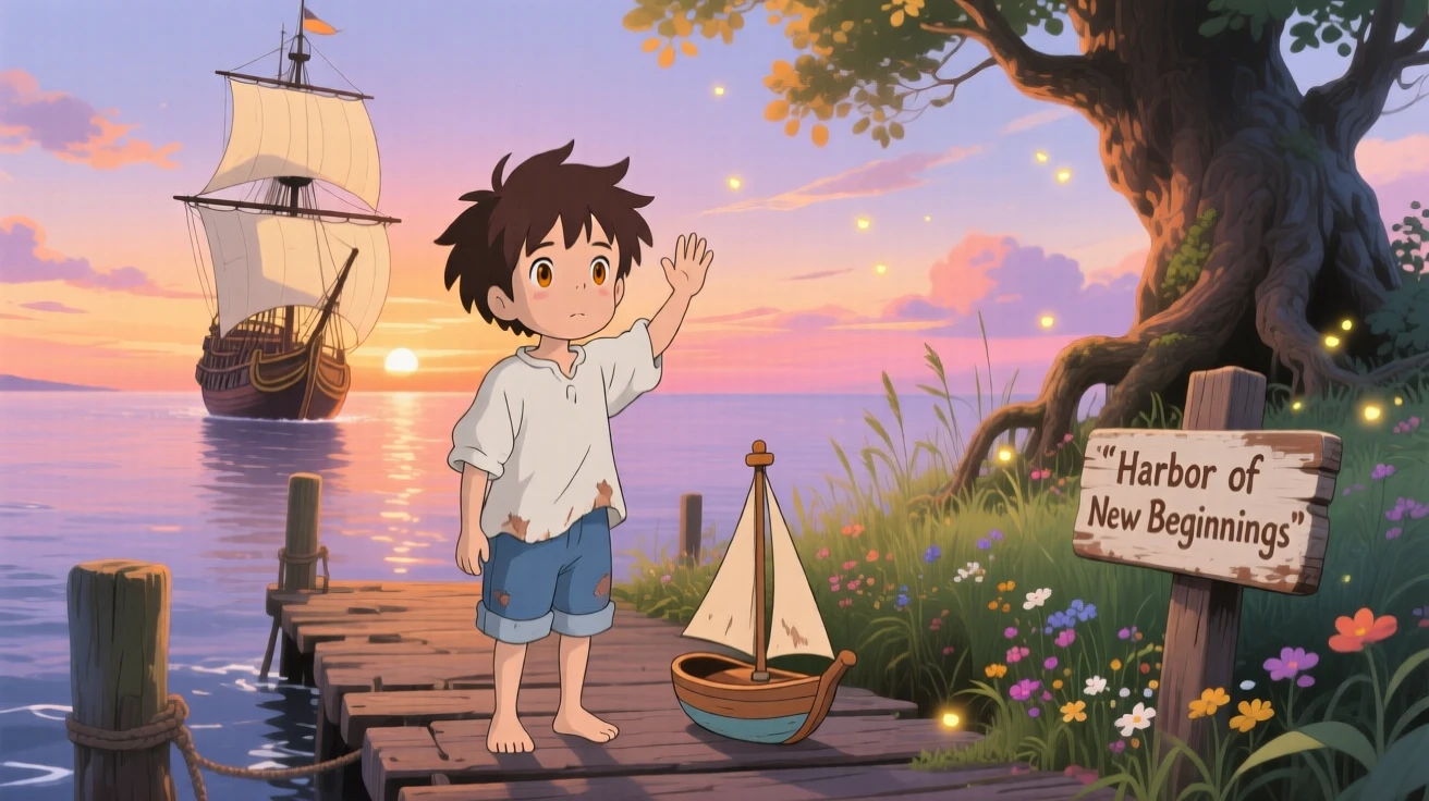 A tender moment of a young boy waving goodbye to a departing ship from the dock, the scene filled with hope.