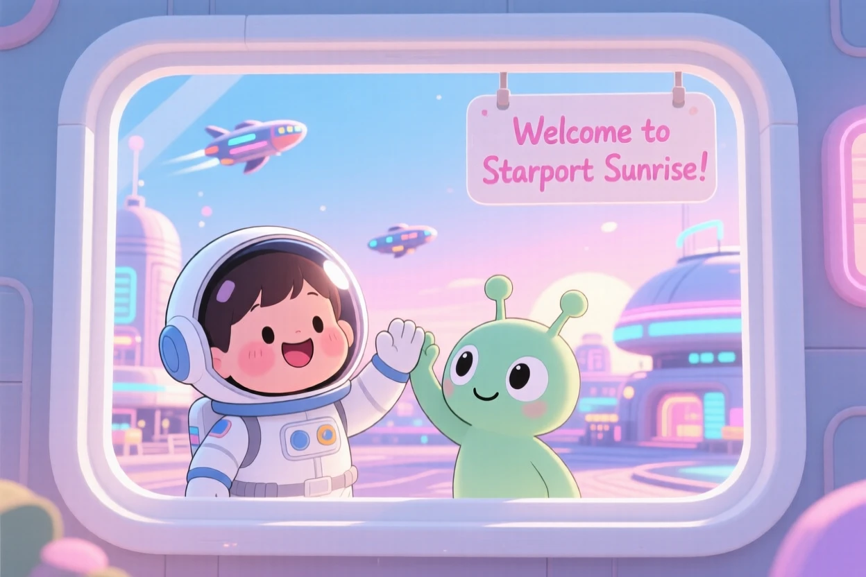 Framed through a window: a child astronaut, high-fiving a friendly alien, set against a glowing spaceport under a clear summer sky, with soft pastel light of dawn and a mood of delighted joy.