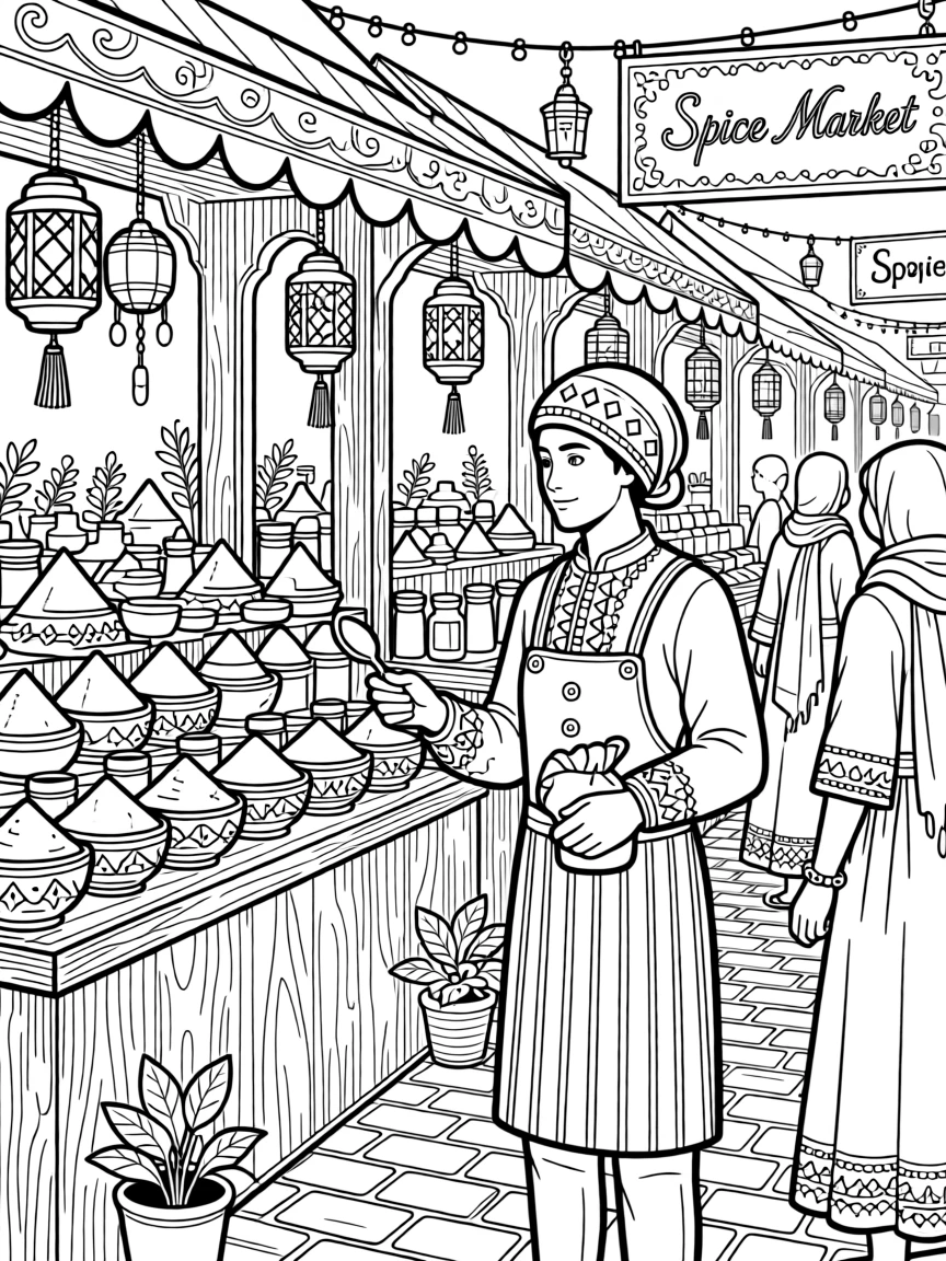 A spice market with stalls of pyramid-stacked colorful pigments.