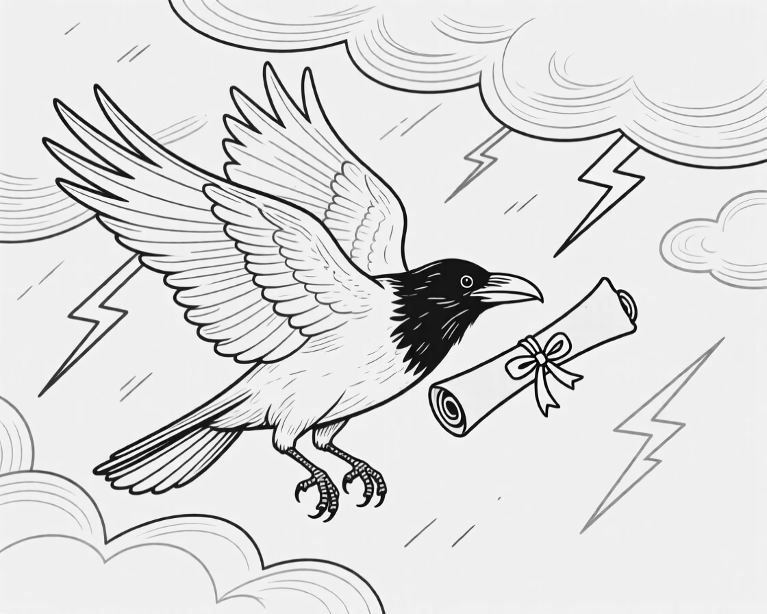 A raven messenger carrying a scroll through a stormy sky