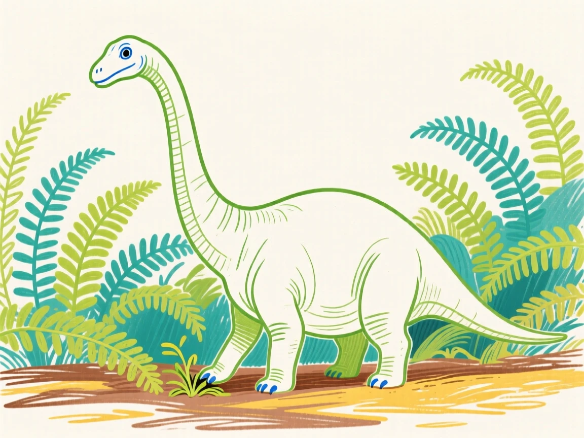 A gentle long-necked dinosaur grazing among prehistoric ferns.