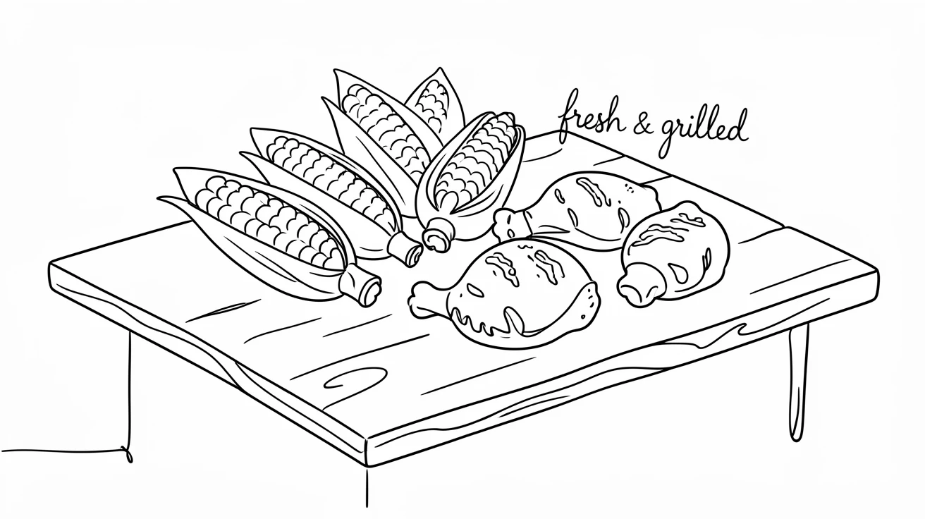 A picnic table spread with corn on the cob and grilled chicken