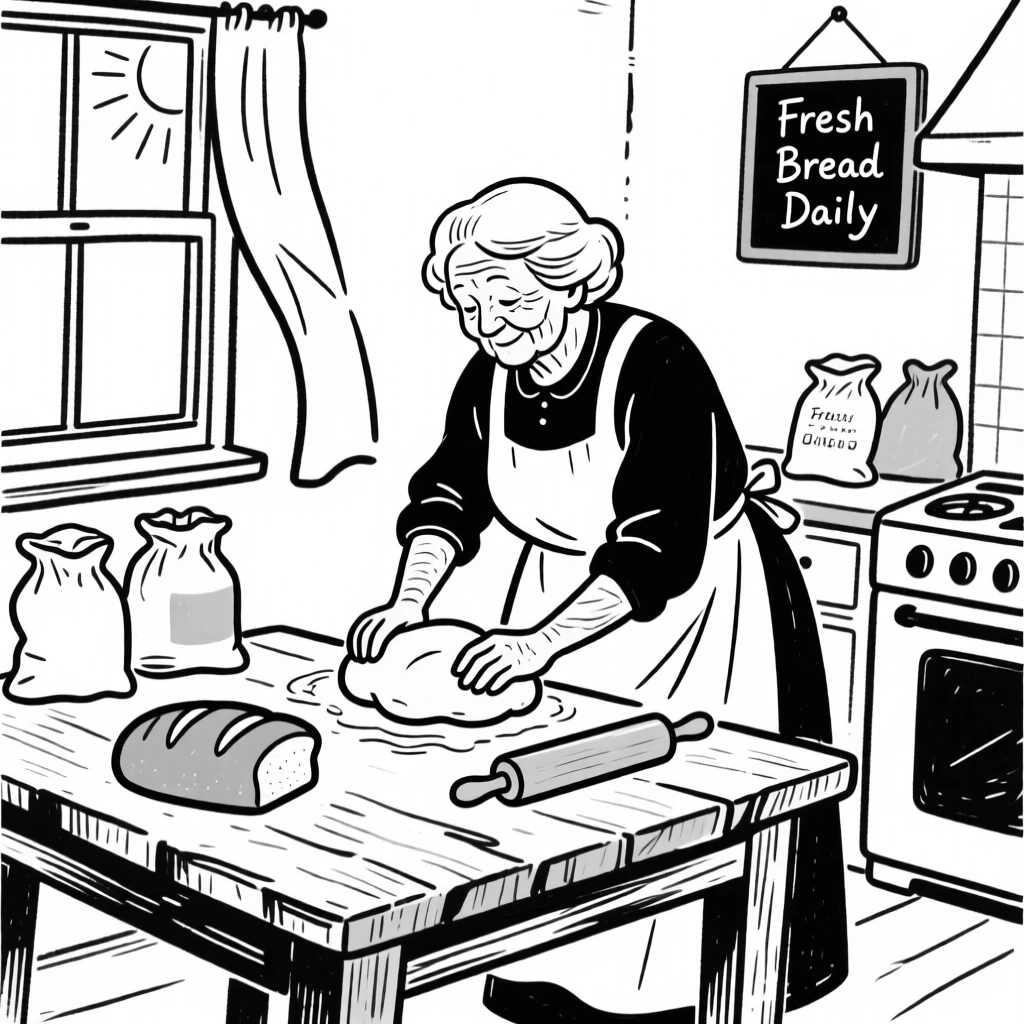 A grandmother baking bread in a warm, sunlit farmhouse kitchen.