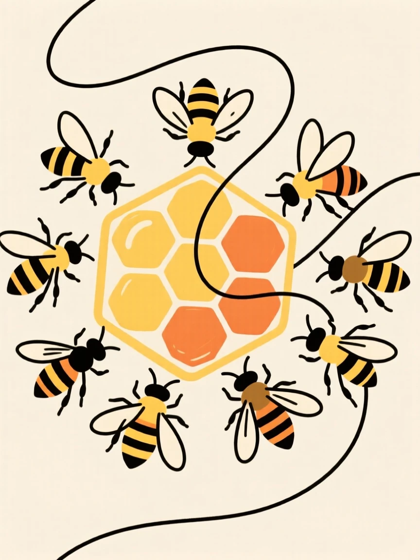 A swarm of bees gathered around a hexagonal honeycomb.
