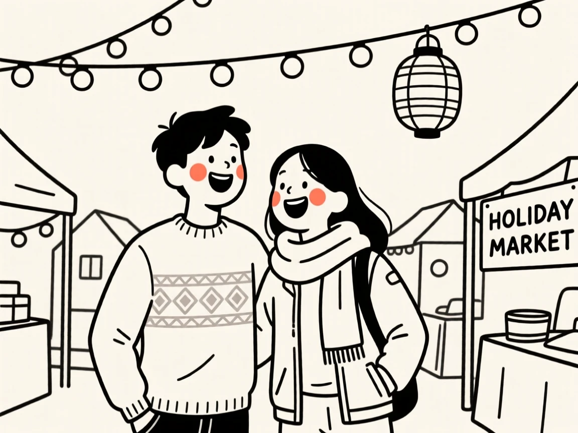College roommates of Filipino heritage, bursting with excitement, at a bustling holiday market.