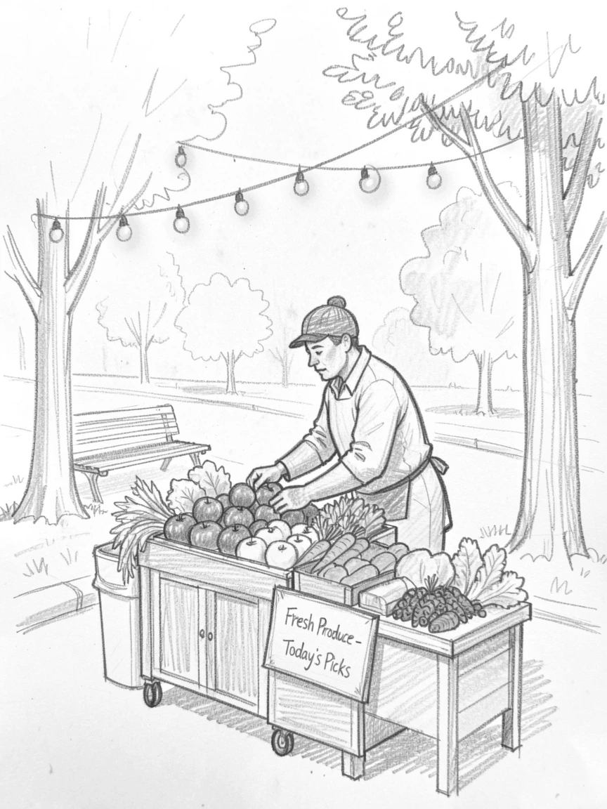 A warm everyday moment: a street vendor arranging fresh produce in a peaceful suburban park, with warm string lights glowing above.