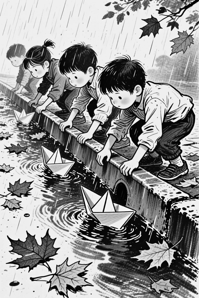 Kids racing paper boats down a rain gutter, with autumn leaves scattered underfoot.