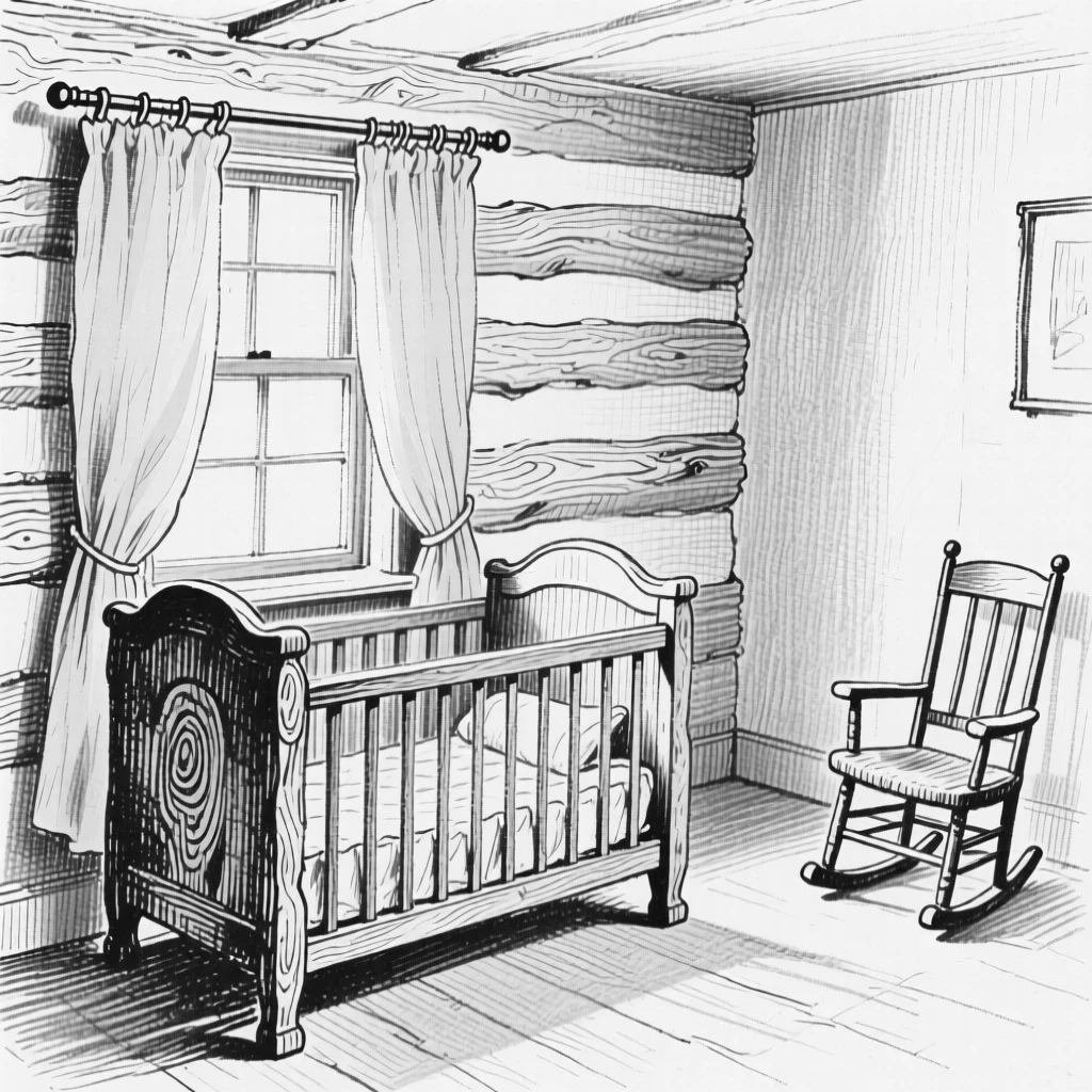 A cozy cottage nursery with a wooden crib and soft pastel curtains.