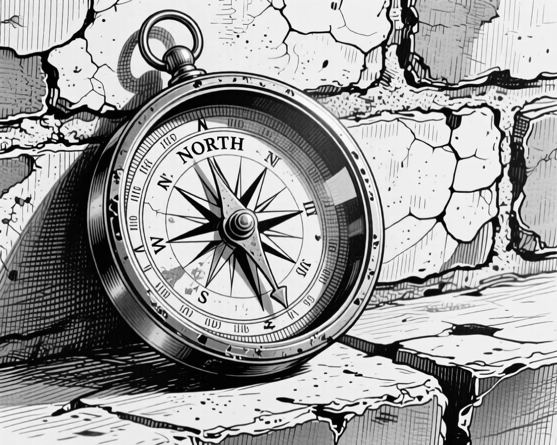 An old brass compass set against a weathered brick wall, with fine scratches telling of years of use, forming a refined and understated still-life study.