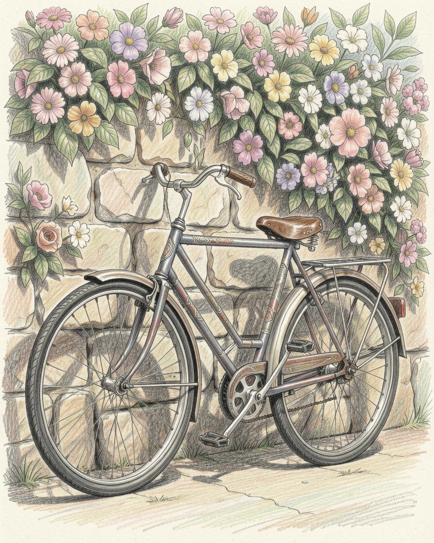 A vintage bicycle leaning against a flower-covered stone wall, with rich textures and fine decorative details, designed to feel timeless and collectible.