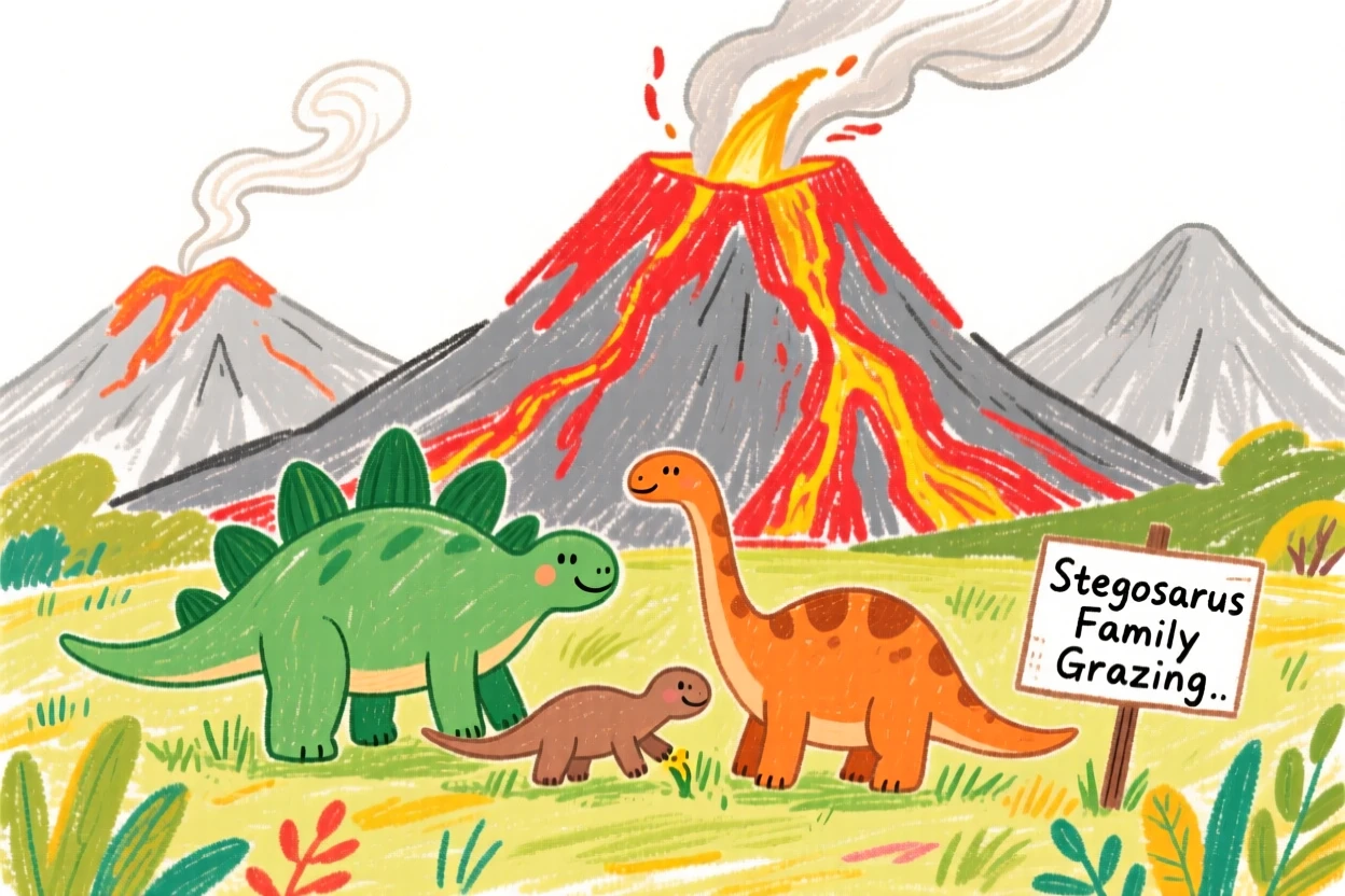 A Stegosaurus family grazing beside a volcanic mountain range.
