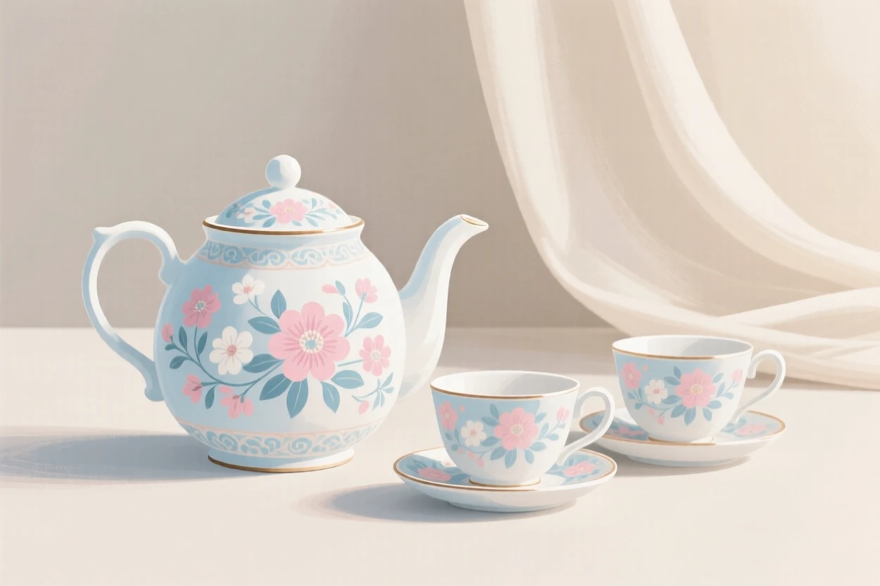A hand-painted teapot set beside delicate matching cups, set against a backdrop of soft draped fabric, captured with a close, detailed focus, with a clean, elegant simplicity.