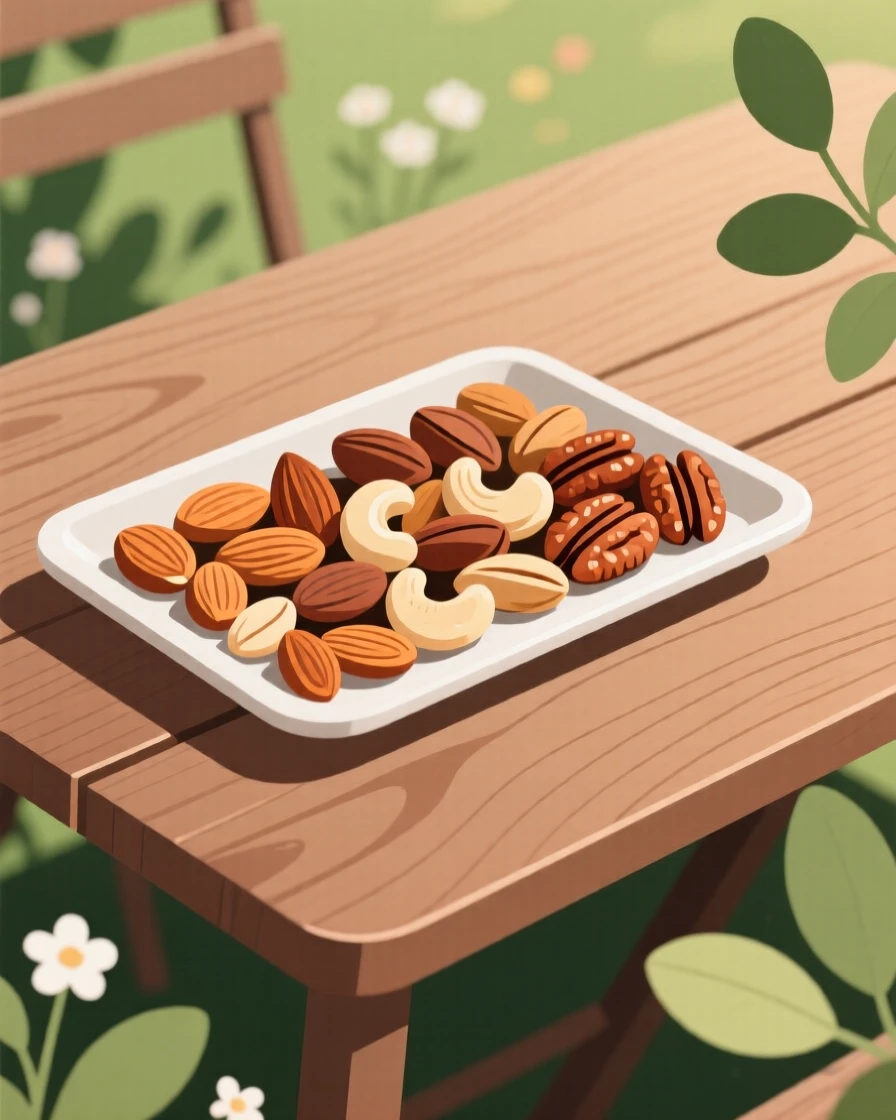 A tray of roasted nuts beautifully displayed on a wooden table at a garden party.