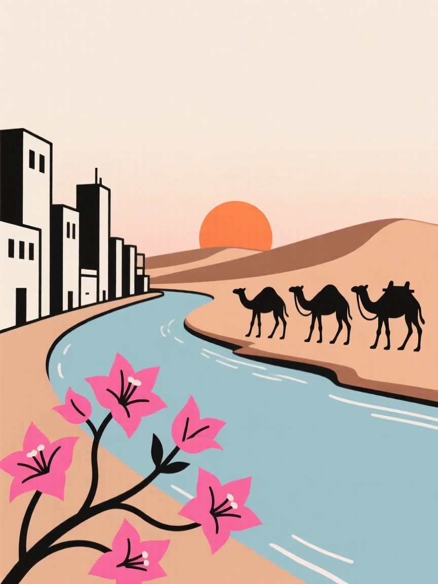A journey through a riverside city at dusk toward a desert caravan, passing blooming bougainvillea, full of peaceful escape.